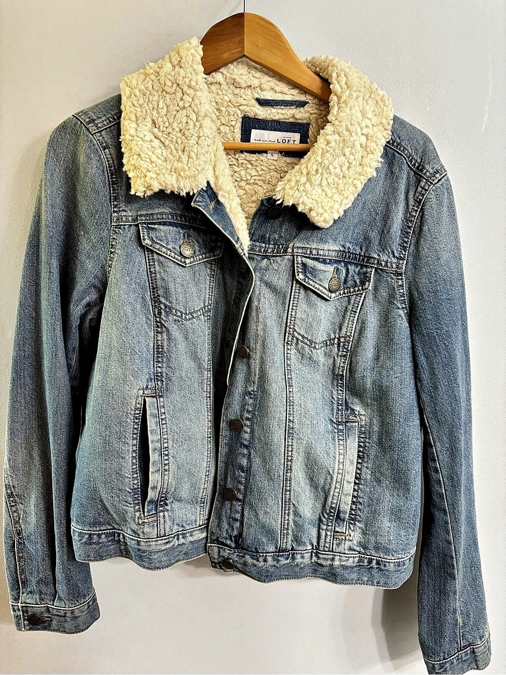LOFT Sherpa Lined Denim Jacket Blue & Cream Size Large